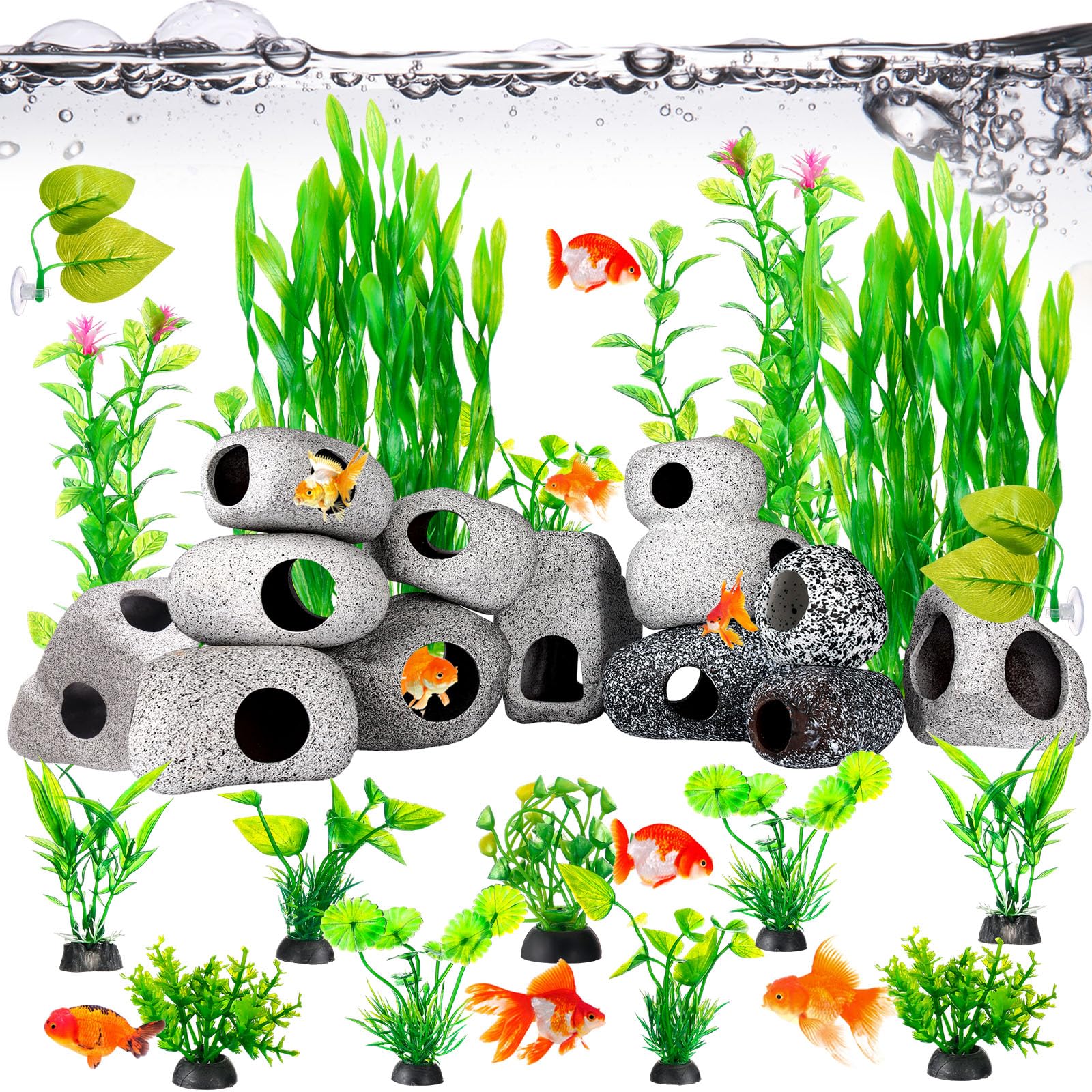 Aquarium Decoration Set - Natural Cave Rocks & Artificial Plants Kit for Tropical Fish Tanks