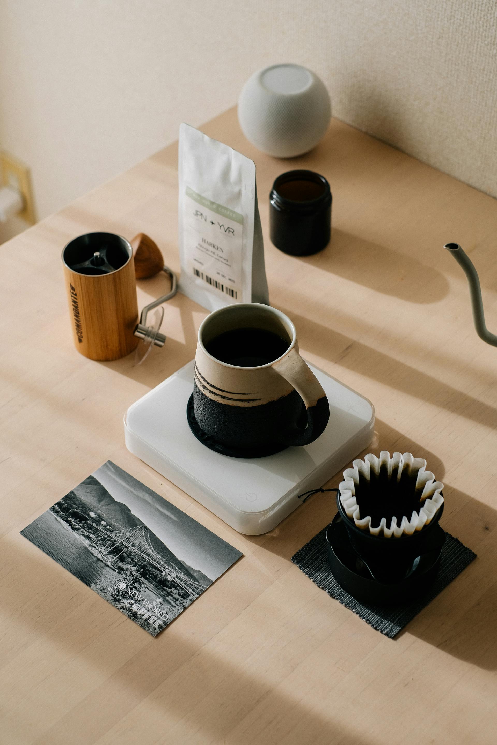 A minimalist coffee brewing setup with a Japanese touch, perfect for coffee enthusiasts.