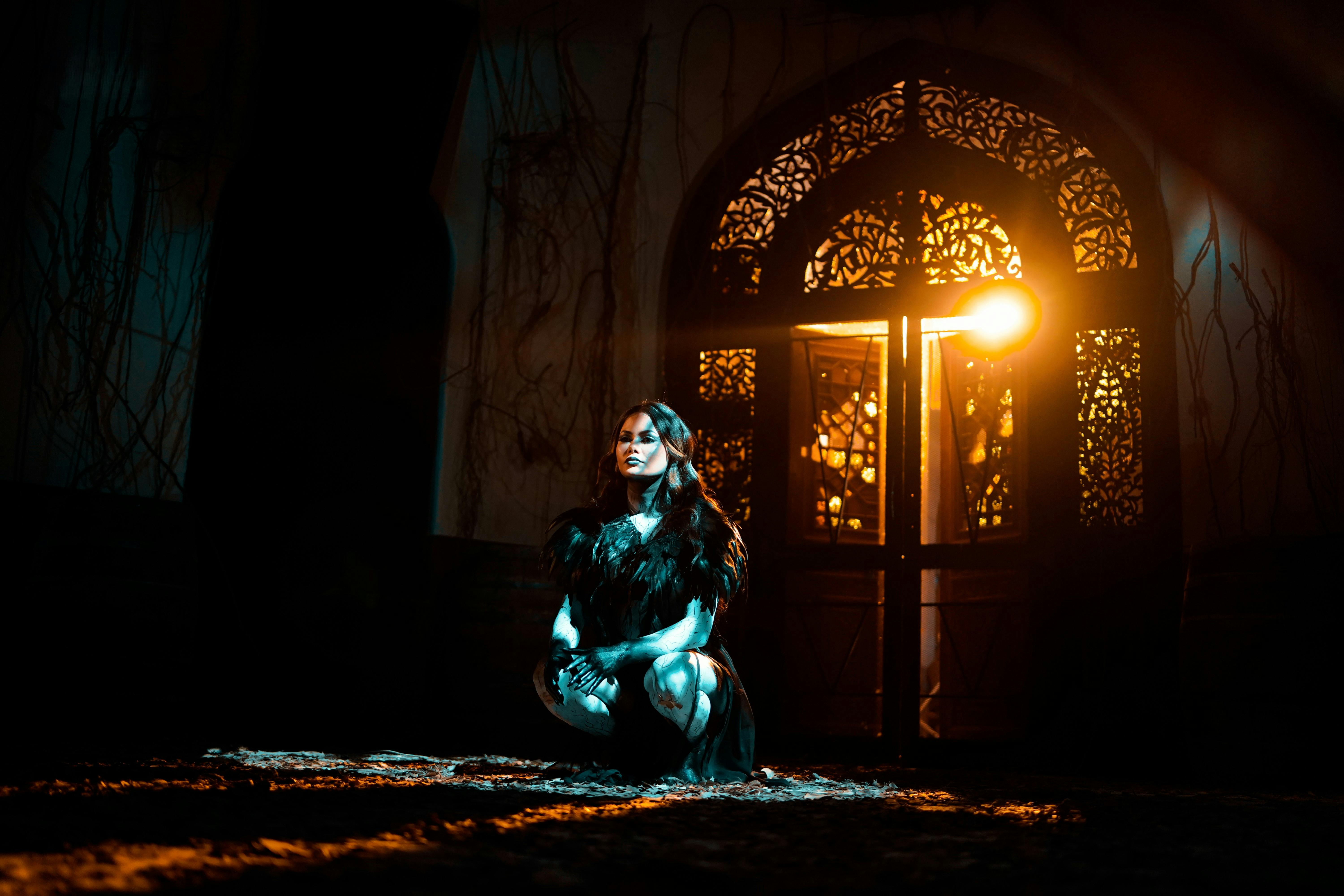 A woman in black attire kneels in dramatic lighting with ornate door backdrop.